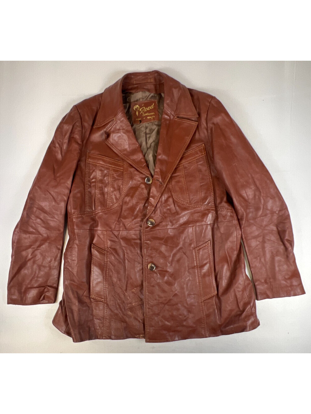 Vintage 70s Reed Sportswear Genuine Leather Car Coat Jacket Brown Men's 46